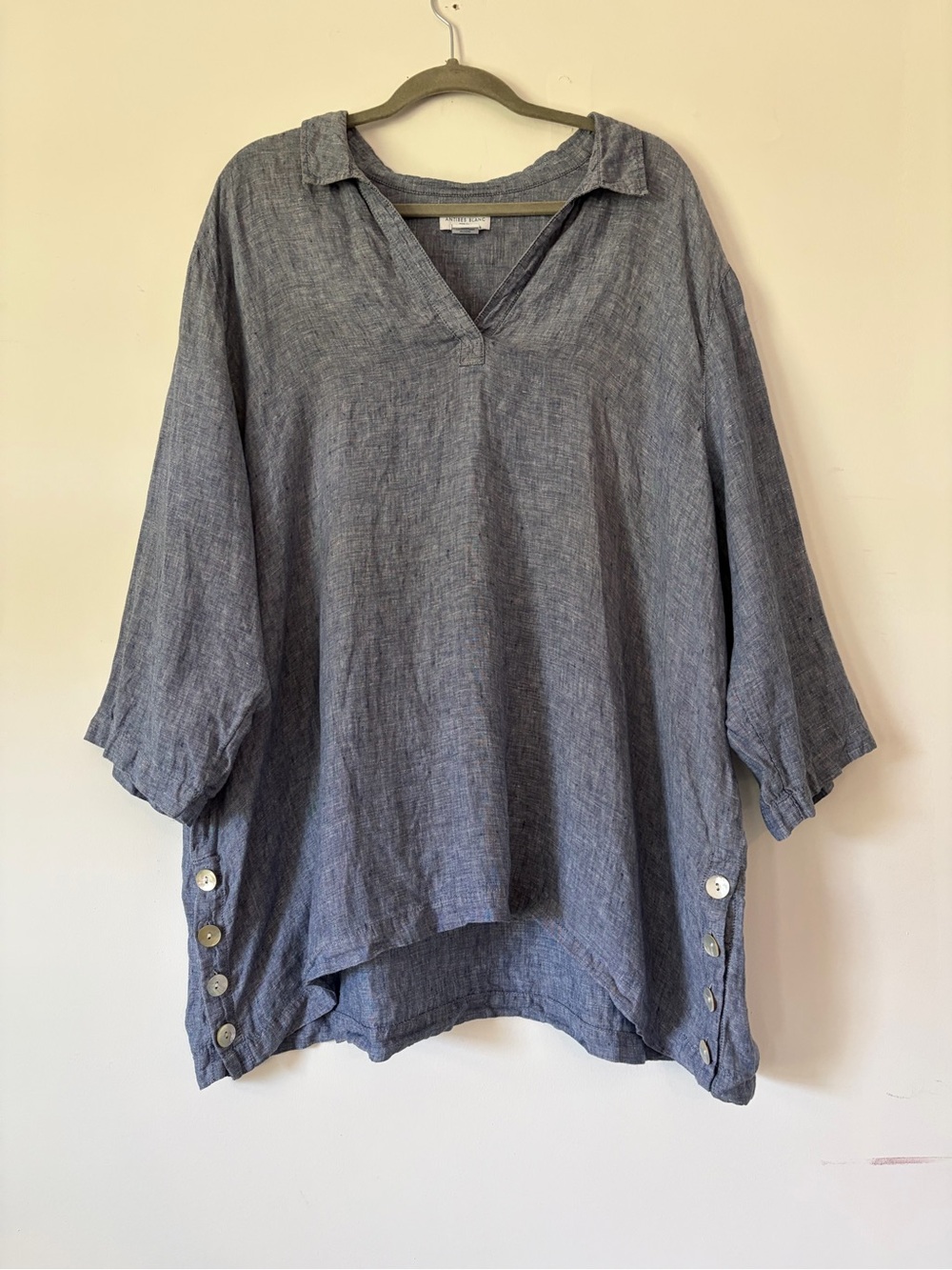 Antibes Blanc women’s linen tunic blouse top coastal flowy shark bite hem 3X